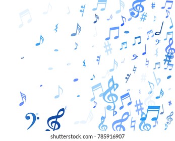 Blue flying musical notes isolated on white background. Stylish musical notation symphony signs, notes for sound and tune music. Vector symbols for melody recording, prints and back layers.