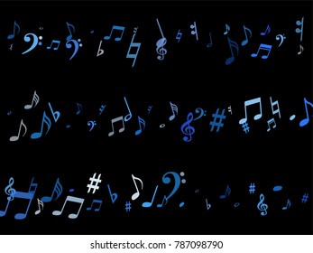 Blue flying musical notes isolated on black backdrop. Fresh musical notation symphony signs, notes for sound and tune music. Vector symbols for melody recording, prints and frames.