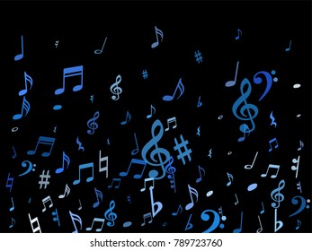 Blue flying musical notes isolated on black background. Stylish musical notation symphony signs, notes for sound and tune music. Vector symbols for melody recording, prints and frames.