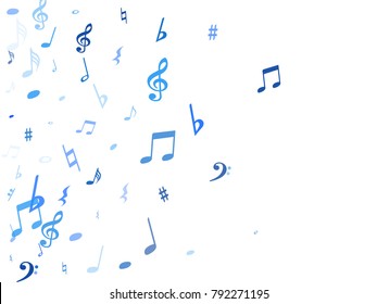 Blue flying musical notes isolated on white background. Stylish musical notation symphony signs, notes for sound and tune music. Vector symbols for melody recording, prints and back layers.