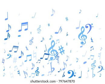 Blue flying musical notes isolated on white backdrop. Fresh musical notation symphony signs, notes for sound and tune music. Vector symbols for melody recording, prints and back layers.