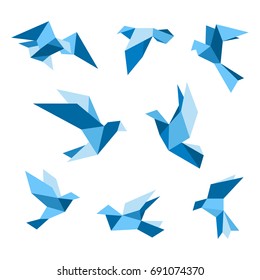 Blue flying pigeon and dove birds set, isolated on white. Pigeon polygonal style. Vector illustration.