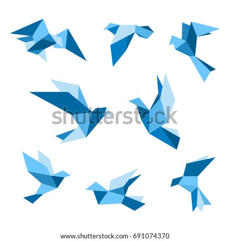Blue flying pigeon and dove birds set, isolated on white. Pigeon polygonal style. Vector illustration.