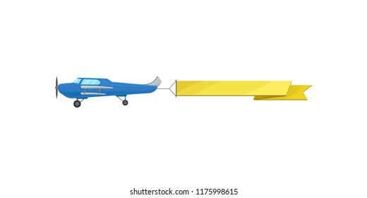 Blue flying plane with yellow horizontal advertising banner vector Illustration on a white background