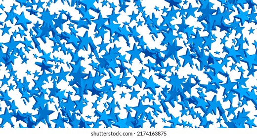 Blue flying realistic stars confetti on white. Beautiful random stellar falling. New Year, Christmas seamless pattern of 3d stars. Blue design for textile, wrapping paper. Endless vector illustration