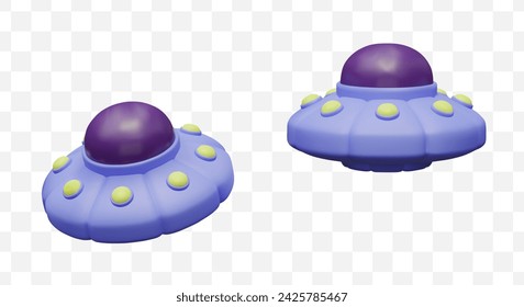Blue flying saucer in different positions. Set of isolated color round spaceships, discs