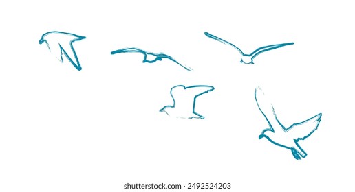 Blue flying seagulls. hand drawing. Not AI. Vector illustration.