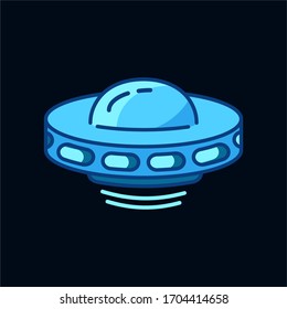 Blue flying Ufo icon isolated on black background. Alien space ship. Futuristic unknown flying object. Spaceship vector illustration. World UFO day design. Flat style.