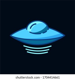 Blue flying Ufo icon isolated on black background. Alien space ship. Futuristic unknown flying object. Spaceship vector illustration. World UFO day design. Flat style.