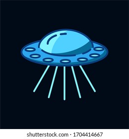 Blue flying Ufo icon isolated on black background. Alien space ship. Futuristic unknown flying object. Spaceship vector illustration. World UFO day design. Flat style.