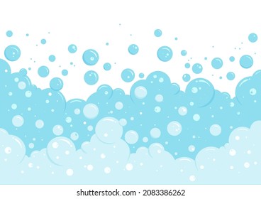 Blue Foam Bubble Border, Soap Abstract Frame, Suds Pattern. Transparent Effervescent Air Bubbles Stream Isolated On White Background. Cartoon Soda Pop. Fizzy Drinks. Carbonated Vector Illustration