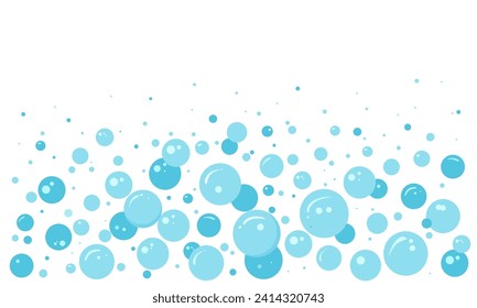 Blue foam bubble water, soap cartoon background, carbonated  border, abstract suds pattern. Effervescent air ball stream. Soda pop, fizzy drinks, bath shampoo splash. Vector illustration 