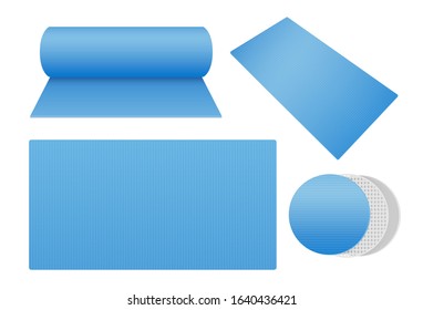 Blue Foam Exercise Mat With Roll Out, Top View, Perspective And Special Thick 3 Layer With Mesh Texture. Illustration About Fitness Equipment For Yoga Or Other Workouts.