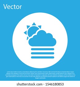 Blue Fog and cloud with sun icon isolated on blue background. White circle button. Vector Illustration
