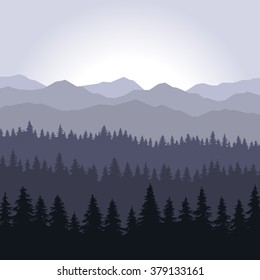 Blue Fog Coniferous Forest and Mountains Background. Vector illustration