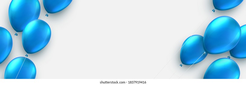 Blue foil balloons with threads on light grey background. Space for text. Vector festive illustration.