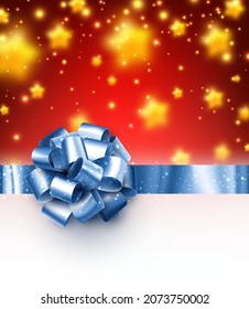 Blue foil ribbon with beautiful bow on red background with stars. Space for text. Vector illustration.