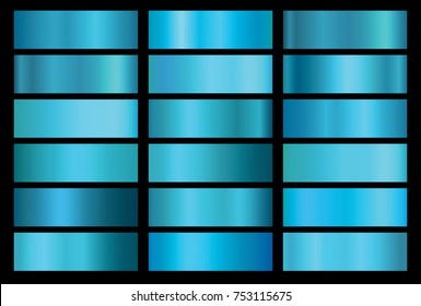 Blue Foil Texture Background Set. Vector Turquoise Elegant, Shiny And Metal Gradient Collection For Border, Frame, Ribbon, Label Design