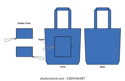 Blauer, faltbarer Totbeutel mit Reißverschluss-Vorlage auf weißem Hintergrund.Vorder- und Rückseite, Vektordatei