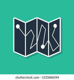 Blue Folded map with location marker icon isolated on green background.  Vector Illustration