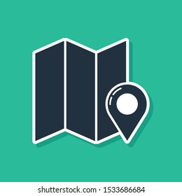 Blue Folded map with location marker icon isolated on green background.  Vector Illustration