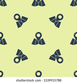 Blue Folded map with location marker icon isolated seamless pattern on yellow background.  Vector Illustration