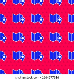 Blue Folded map with location marker icon isolated seamless pattern on red background.  Vector Illustration