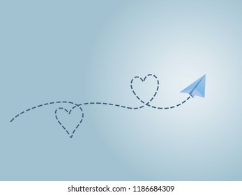 A blue folded paper plane making love sign route to show happy travel emotion vector illustration