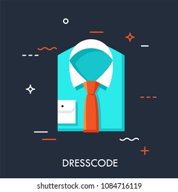 Blue folded shirt and tie. Business clothing, smart and casual office wear, work outfit and fashion, formal clothes. Dress code concept. Vector illustration for website, banner, header, blog, promo.