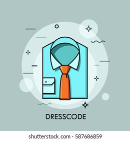 Blue folded shirt and tie. Business clothing, smart and casual office wear, work outfit and fashion, formal clothes. Dress code concept. Vector illustration for website, banner, header, blog, promo.