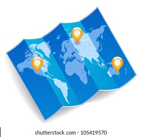 Blue folded world map with gps marks. Vector saved as eps-10, file contains objects with transparency.