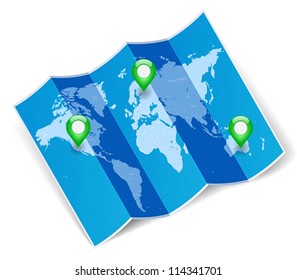 Blue folded world map with gps marks. Vector saved as eps-10, file contains objects with transparency.