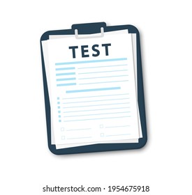 Blue folder with checklist isolated vector on white background. Test mark on folder. Folder with document checklist, text. Survey or exam forms paper sheets pile. Passing the knowledge test and exam.