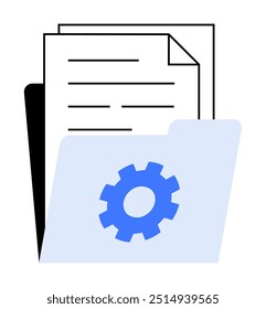 A blue folder with a gear icon and three documents partially visible behind it. Ideal for organization, file management, settings, document handling, and administrative tasks.