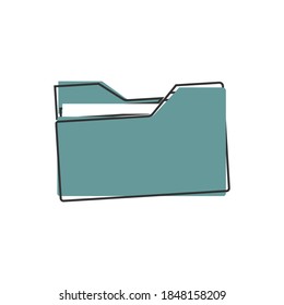 Blue folder icon with a sheet of paper. Vector folder icon  cartoon style on white isolated background.