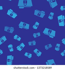 Blue Folder and lock icon isolated seamless pattern on blue background. Closed folder and padlock. Security, safety, protection concept. Vector Illustration