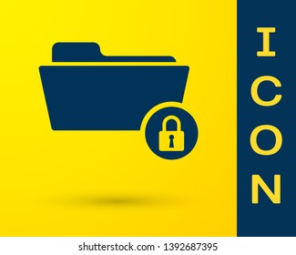 Blue Folder and lock icon isolated on yellow background. Closed folder and padlock. Security, safety, protection concept. Vector Illustration