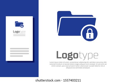Blue Folder and lock icon isolated on white background. Closed folder and padlock. Security, safety, protection concept. Logo design template element. Vector Illustration