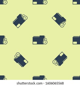 Blue Folder and lock icon isolated seamless pattern on yellow background. Closed folder and padlock. Security, safety, protection concept.  Vector Illustration