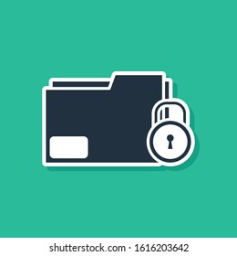 Blue Folder and lock icon isolated on green background. Closed folder and padlock. Security, safety, protection concept.  Vector Illustration