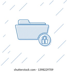 Blue Folder and lock line icon isolated on white background. Closed folder and padlock. Security, safety, protection concept. Vector Illustration