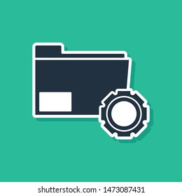 Blue Folder settings with gears icon isolated on green background. Software update, transfer protocol, teamwork tool management, copy process.  Vector Illustration