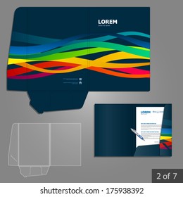 Blue folder template design for company with color stripes. Element of stationery.