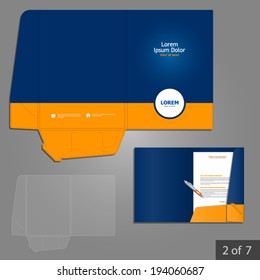 Blue Folder Template Design For Company With Orange Circle. Element Of Stationery.