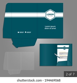 Blue folder template design for company with white square elements. Element of stationery.