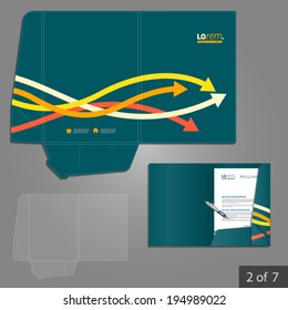 Blue folder template design for company with color arrows. Element of stationery.