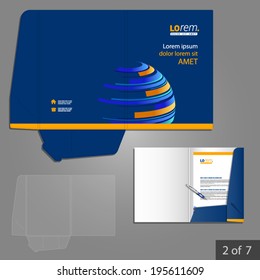 Blue folder template design for company with digital planet. Element of stationery.