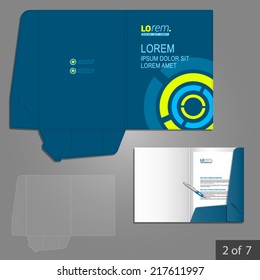 Blue folder template design for company with green round digital figures. Element of stationery.