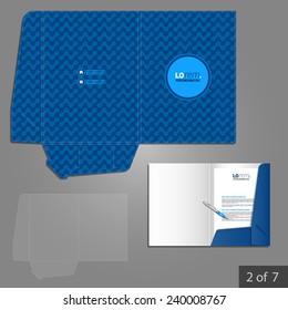 Blue folder template design for company with geometric pattern. Element of stationery.