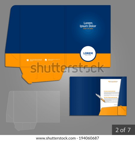 Blue folder template design for company with orange circle. Element of stationery.